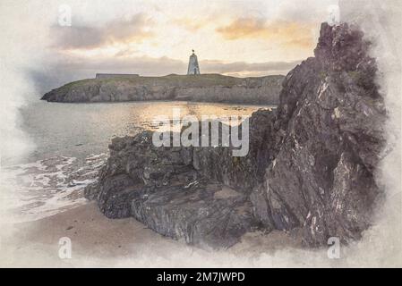 Il faro dell'isola di Llanddwyn. TWR Bach Digital Watercolor painting a Ynys Llanddwyn ad Anglesey, Galles, Regno Unito. Foto Stock