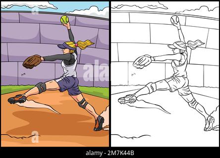 Softball colorazione pagina colorata Illustrazione Illustrazione Vettoriale