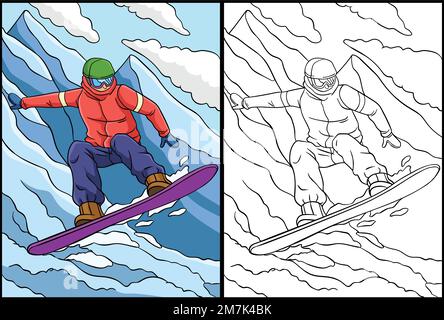 Snowboard colorazione pagina Illustrazione colorata Illustrazione Vettoriale