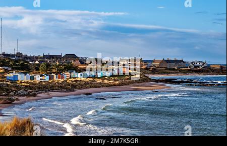 Hopeman Village Moray Coast Scozia fila di colorate capanne sulla spiaggia sopra il mare e case villaggio sulla spiaggia sullo sfondo Foto Stock