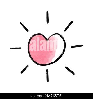 Vector cute rosa disegnato a mano cuore acquerello con raggi solari. Illustrazione Vettoriale