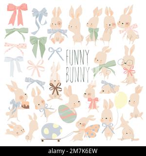 Set Cartoon Illustrazione di conigli di carvi con archi ed uovo di Pasqua Illustrazione Vettoriale