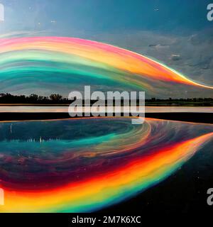 Bellissimi riflessi della superficie del lago con arcobaleno, elegante, delicato, squisito e astratto sfondo design. Illustrazione di alta qualità Foto Stock