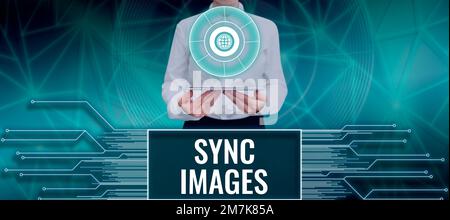 Scrittura a mano di testo Sincronizza immagini. Word per rendere le foto identiche in tutti i dispositivi accessibili ovunque Foto Stock