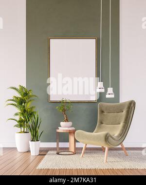 Mock up Design interno soggiorno con poltrona verde e cornice vuota 3D render Foto Stock