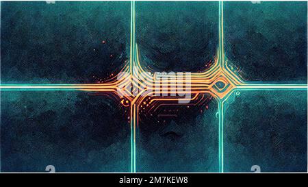 Struttura meccanica che forma rombo, teal e arancione futuristico astratto circuito CPU globale rete atmosfera Sci-fi cyberpunk elementi grafici Foto Stock