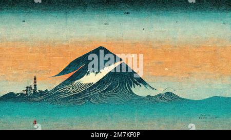 Elementi di design in stile Ukiyo-e giapponese moderno, retrò, tradizionale e classico nello stile di Katsushika Hokusai con montagne blu e cielo arancione Foto Stock
