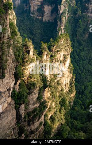 Tramonto nel parco forestale di Zhangjiajie. Vista ravvicinata del canyon durante l'ora d'oro. Bellissimo tramonto nella valle del monte Avatar. Forme rocciose uniche. Foto Stock