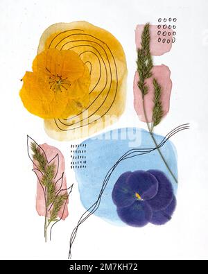 Composizione in stile boho di fiori secchi e spruzzi d'acquerello. Idea poster di design degli interni. Arte contemporanea botanica dei fiori pressati Foto Stock