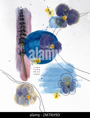Composizione in stile boho di fiori secchi e spruzzi d'acquerello. Idea poster di design degli interni. Arte contemporanea botanica dei fiori pressati Foto Stock