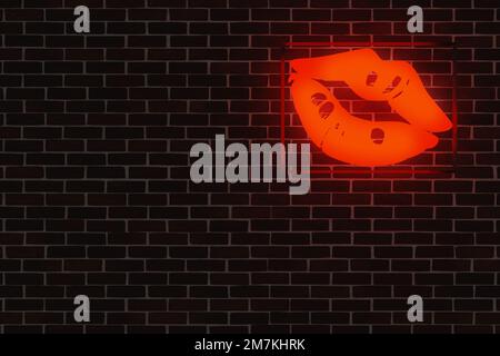 Labbra al neon rosse illuminanti su una parete in mattoni con spazio per il testo, l'immagine o il prodotto, concetto Happy Valentines Day Foto Stock