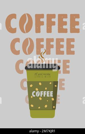 Buongiorno. Iniziate con il caffè. Citazione scritta a mano. Illustrazione del vettore di colore nero. Isolato su sfondo bianco. Design per banner Illustrazione Vettoriale