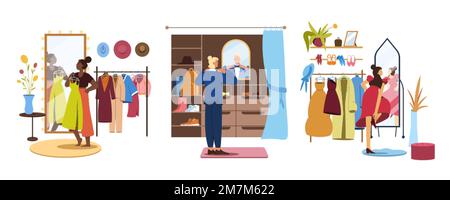 Uomo piatto in armadio, persone in cabina armadio cercando di vestiti. Donna shopping in boutique store. Le ragazze scelgono il vestito in guardaroba davanti allo specchio e appendiabiti con abiti, cappotti e accessori. Illustrazione Vettoriale