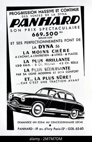 Annuncio vintage o vecchio, pubblicità, pubblicità o illustrazione per Panhard Dyna 56 Car o Automobile 1956 Foto Stock