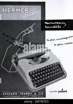 Annuncio vintage o vecchio, annuncio pubblicitario, pubblicità o illustrazione per macchina da scrivere Hermes Baby 1956 Foto Stock
