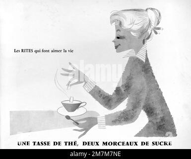 Vintage o Old Advert, Pubblicità, Pubblicità o Illustrazione per cubetti di zucchero nella tazza di tè. Annuncio 1956 Foto Stock