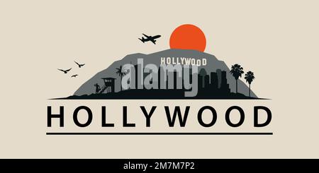 Hollywood, California Skyline Los Angeles Urban Landscape. Panorama della città, Città degli Angeli. Malibu Beach, Sunset Strip, silhouette grafica in stile anni '60 Illustrazione Vettoriale