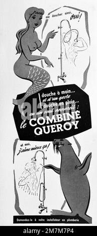 Vintage or Old Advert, Pubblicità, Pubblicità o Illustrazione per 1950s Combiné Queroy doccia 1956. Illustrato con immagini di una Sirenetta e di un Leone di mare. Foto Stock