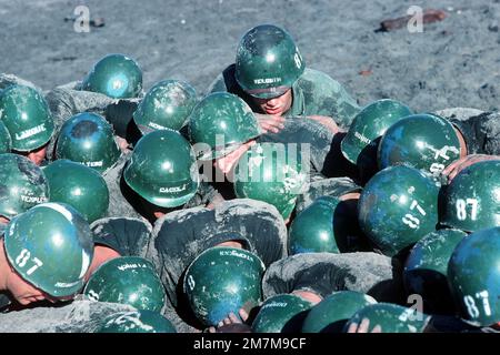 NEGLI STATI UNITI Navy Basic Underwater Demolition/Sea-Air-Land (SEAL) (BUD/S) i tirocinanti partecipano a un esercizio di "settimana dell'inferno". La fase i della formazione BUD/S si conclude con la "settimana dell'inferno", quando le capacità fisiche, emotive e mentali degli studenti vengono testate in condizioni avverse. Base: Naval Amphibious base, Coronado Stato: California (CA) Paese: Stati Uniti d'America (USA) Foto Stock