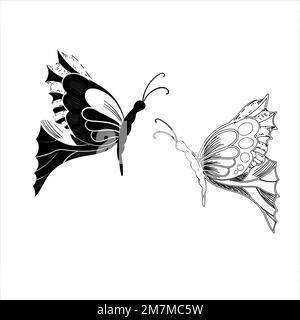 Butterfly Set grafica nero bianco isolato vettore di illustrazione dello schizzo. Moderno motivo senza cuciture di contorni a farfalla monarca su sfondo bianco Illustrazione Vettoriale