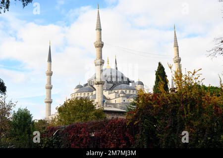 Splendida vista sulla Moschea del Sultano Ahmed o sulla Moschea Blu durante una bella giornata di sole. Foto Stock