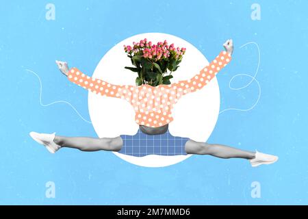 Collage fotografico creativo di giovane atleta jumper attivo ginnastica signora spago headless mazzo fiori mestruazioni isolato su sfondo dipinto di blu Foto Stock