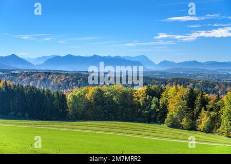 Germania, Baviera, alta Baviera, Tölzer Land, Dietramszell, Peretshofen distretto, Peretshofer Höhe, vista della catena alpina Foto Stock