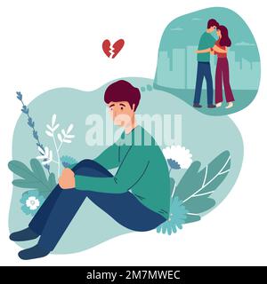 l'uomo ricorda i rapporti e l'amore con una donna, la separazione anelita all'amore. illustrazione del vettore piatto. Relazione e concetto di assistenza sanitaria per bann Illustrazione Vettoriale