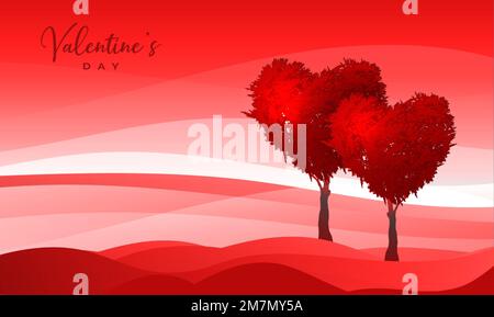 Alberi a forma di cuore rosso, sfondo giorno di San Valentino, paesaggio fantasy vettore, coppia di alberi simbolo di amore banner modello Illustrazione Vettoriale