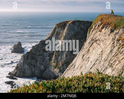 Bodega Bay, scogliere audaci e aspre; un escursionista guarda coraggiosamente sul bordo, oceano pacifico, California Foto Stock