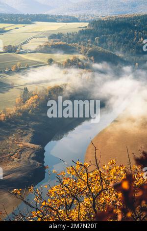 Situazione meteorologica invertita sull'Edersee nel nord dell'Assia, nel Parco Nazionale di Kellerwald-Edersee, in una mattinata autunnale, vista sul lago nuvoloso, tra i querce in primo piano Foto Stock