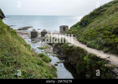 WW2 blocchi anticarro in cemento, noti anche come denti del drago, insieme a un box da WW2 colonne a Kimmeridge Bay, Dorset Foto Stock