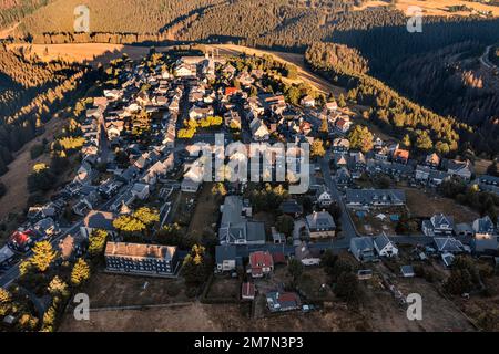 Germania, Turingia, Neuhaus am Rennweg, Steinheid, case, villaggio, foresta, montagne, panoramica, vista obliqua, vista aerea Foto Stock