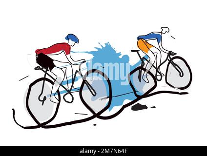 Due Mountain Bikers, gara ciclistica, line art stilizzato. Divertente illustrazione espressiva di bicicletta estrema mtb. Vettore disponibile. Illustrazione Vettoriale