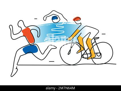 Triathlon ciclismo nuoto, fitnes, linea d'arte Illustrazione degli atleti di Triathlon. Disegno a linea continua. Isolato su sfondo bianco. Illustrazione Vettoriale