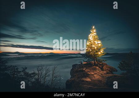 Alba con nebbia nella valle su una roccia. Bella vista da una roccia arenaria al mattino. Bella luce per Natale. solo natura e deserta nel mezzo della foresta Foto Stock