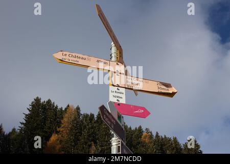 Vecchie indicazioni escursionistiche a Verbier, Svizzera, a le Rimble 1690m in su. L'indicazione più a sinistra indica le Chateau, a 40 minuti di strada Foto Stock