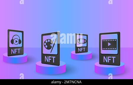 NFT, illustrazione vettoriale concettuale di token non fungibili. Scheda NFT sul podio per banner, poster, sito web, landing page, pubblicità. EPS 10 Illustrazione Vettoriale