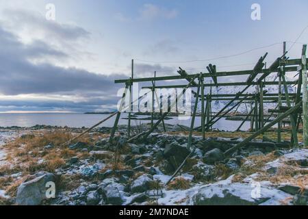 Rack di essiccazione pesce in legno nel fiordo, rack per essiccazione merluzzo, merluzzo, Scandinavia, Norvegia, Lofoten Foto Stock