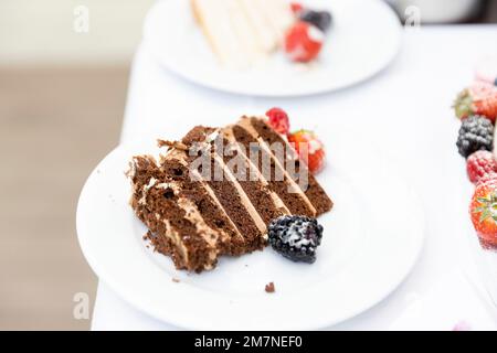 Torta al cioccolato con frutti di bosco disposti su un piatto bianco Foto Stock