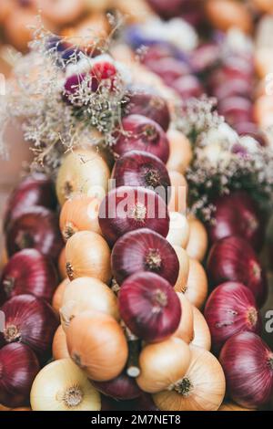 Zibelemärit tradizionale, mercato della cipolla a Berna, Svizzera, cipolle commestibili (Allium cepa), treccia di cipolle, primo piano Foto Stock