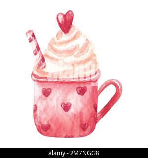 Tazza acquerello disegnata a mano con panna montata e paglia. Illustrazione di tazza con caffè, cacao, bevande calde con cuore, simbolo di romanticismo, amore per Foto Stock