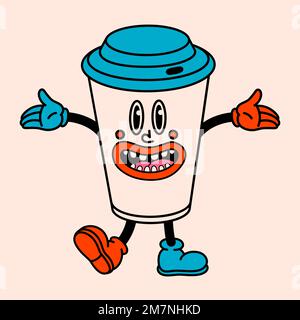 Personaggi di cartoni animati retrò con volti divertenti. Vintage 50s, 60s tazza di carta a fumetti con viso, braccia e gambe. Personaggi cartoon vettoriali con emozioni divertenti. Illustrazione Vettoriale