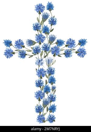 Acquerello dipinto a mano Fiori blu Croce clipart, Pasqua Croce religiosa con illustrazione Cornflower, Wildflower Battesimo Croce clip art, Santo Spirito Foto Stock