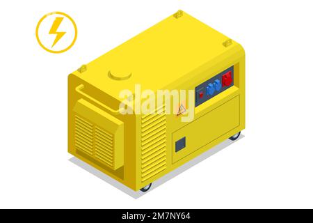 Piccolo generatore diesel mobile esterno giallo isometrico per energia elettrica di emergenza. Generatore diesel Illustrazione Vettoriale