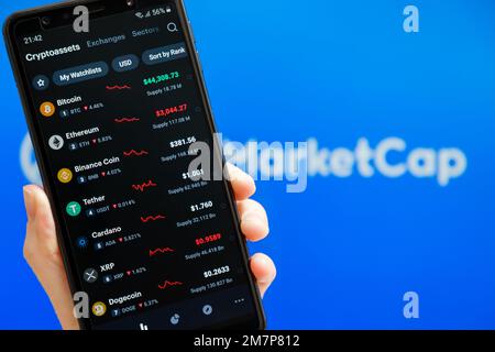 Ucraina, Odessa - Ottobre, 9 2021: Tenere la mano mobile con l'app CoinMarketCap in esecuzione sullo schermo dello smartphone con l'elenco dei prezzi di criptovaluta di oggi, il logo CMC sullo sfondo. Autorità dati crittografia Foto Stock