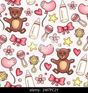 Carino motivo senza cuciture con giocattoli e accessorio baby girl rosa. Sfondo disegnato a mano. Foto Stock