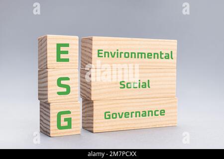 ESG Environmental Social Governance testo su blocchi di legno su sfondo grigio Foto Stock