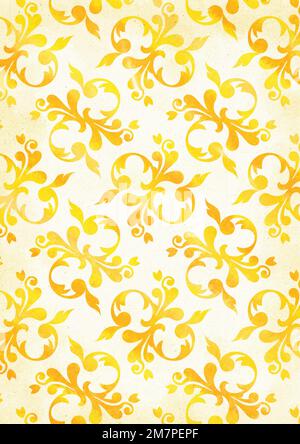 Sfondo di tessuto bianco ingiallito con motivi ornamentali floreali stagionato in oro invecchiato, come una tenda, carta da parati o tappezzeria, nobile bellezza Foto Stock