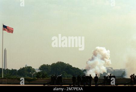 Un saluto da 21 cannoni viene sparato durante la cerimonia in onore dei prigionieri di guerra dell'era vietnamita. Base: Arlington Stato: Virginia (VA) Nazione: Stati Uniti d'America (USA) Foto Stock